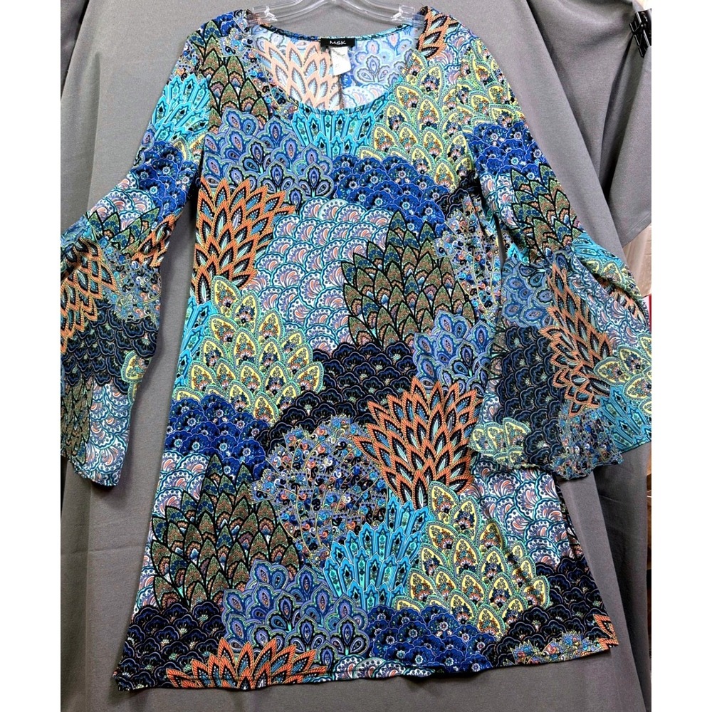 MSK Women Paisley Peacock Print Tiered Bell Sleeve Tunic Top Blue Orange Size L